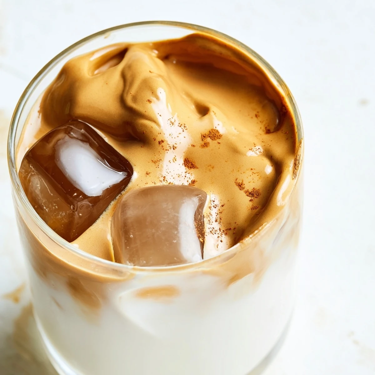 Cold and refreshing brown sugar Dalgona latte, a sweet coffee drink topped with a dusting of cinnamon.