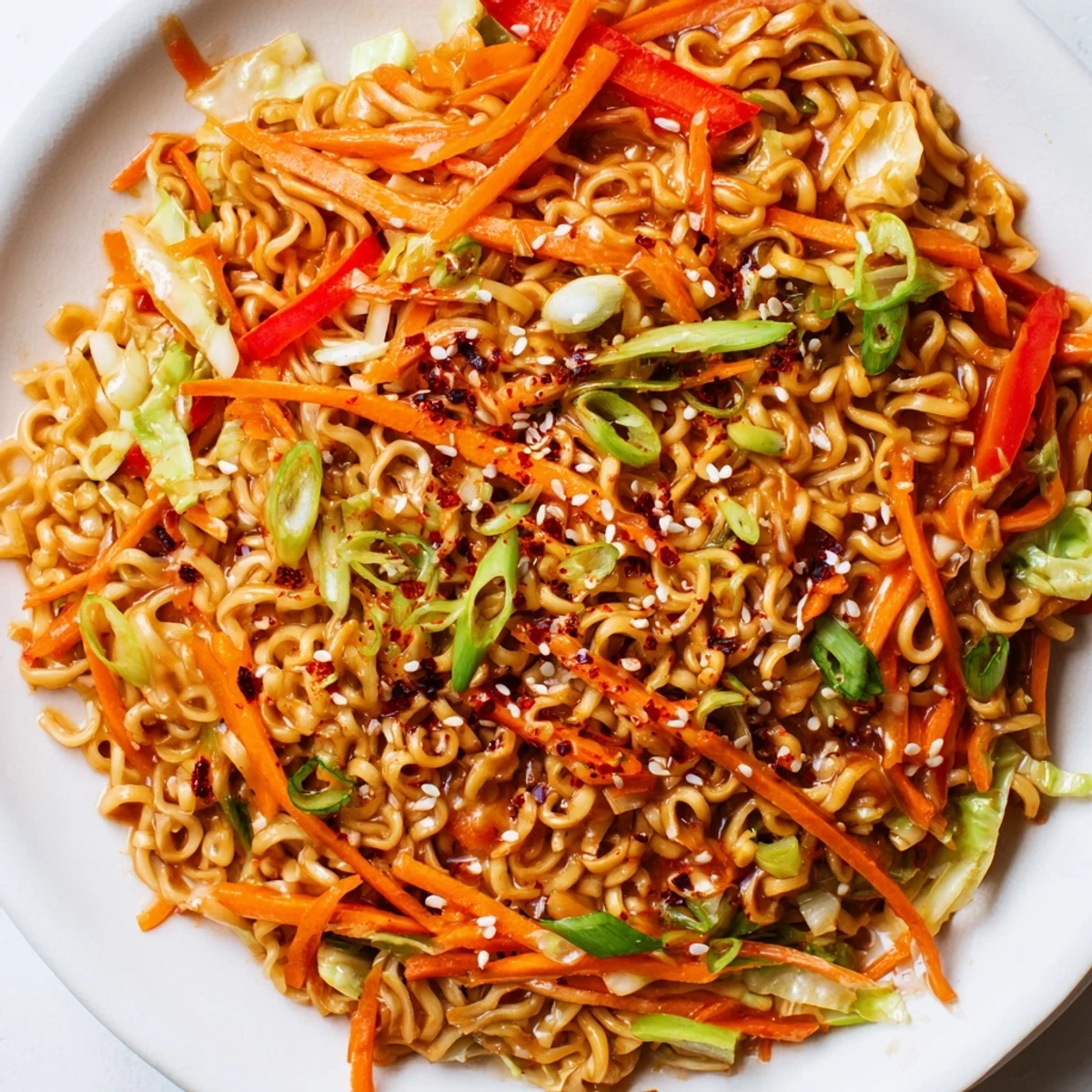 Steaming hot Spicy Ramen Stir Fry, with vibrant red peppers and glistening noodles in savory sauce.