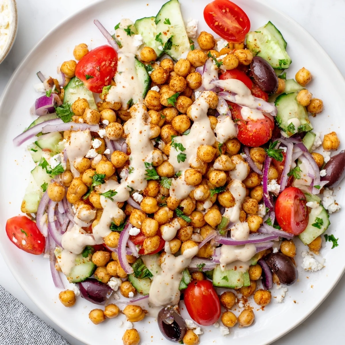Imagine a delicious Mediterranean Chickpea Bowl with crispy chickpeas, herbs, and bright lemon wedges.