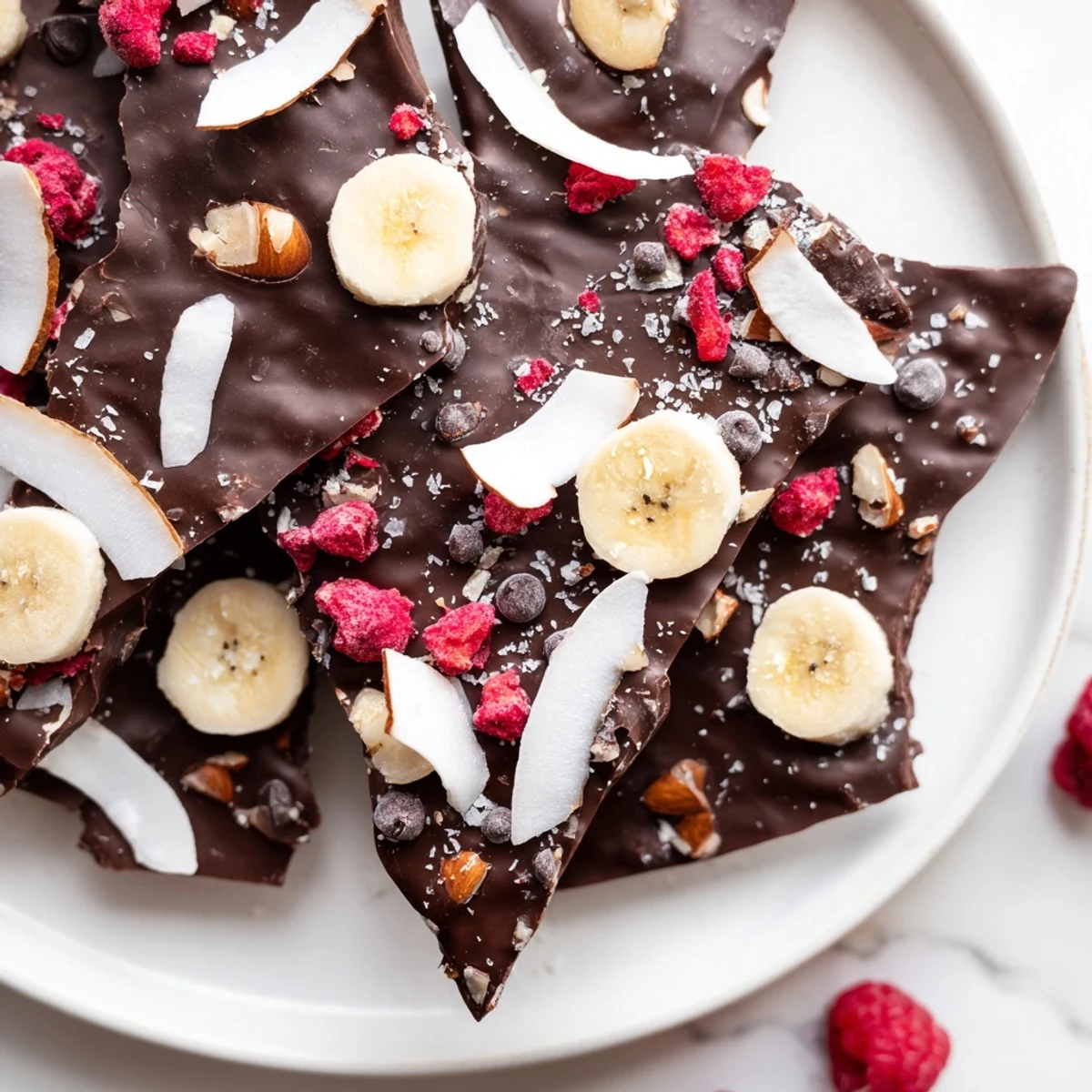 Frozen Chocolate Banana Bark with visible layers of dark chocolate, banana slices, and crunchy toppings.