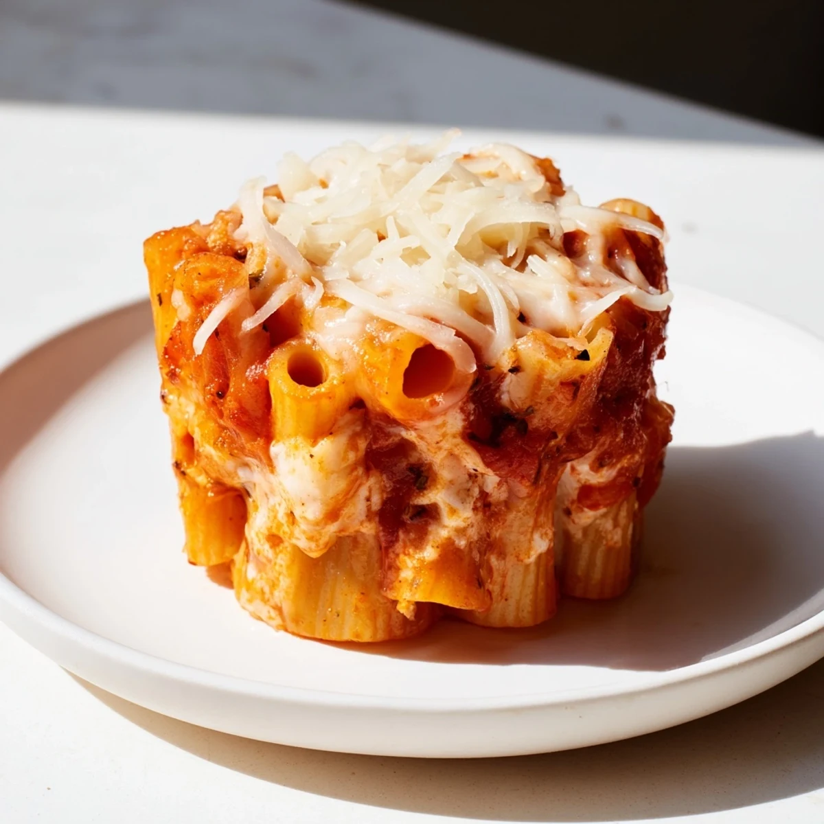 Perfectly portioned baked ziti cups are shown, boasting a rich blend of cheeses and delightful Italian flavors.