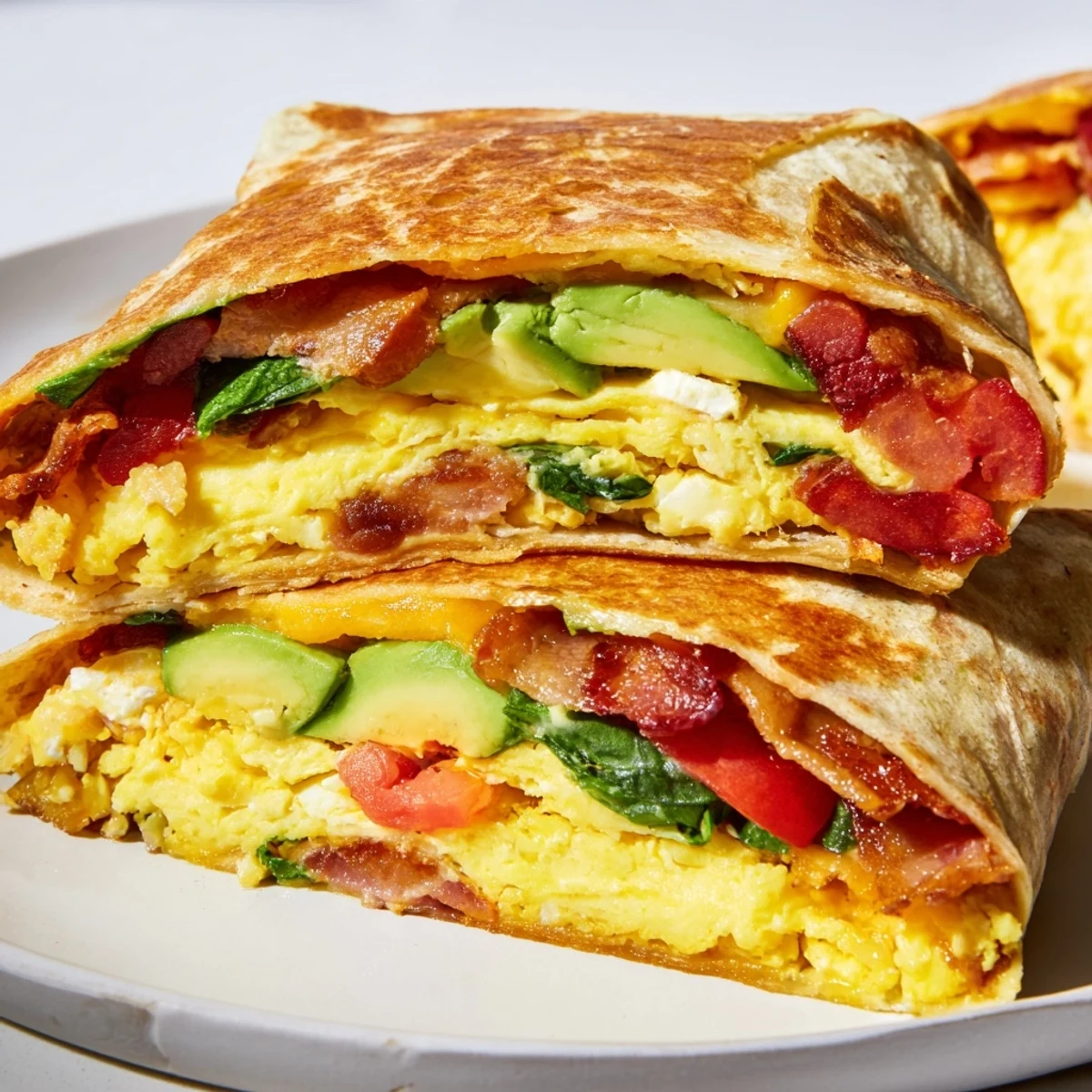 Golden-brown, crispy breakfast wrap with bacon, eggs, and cheese—a delicious morning food.