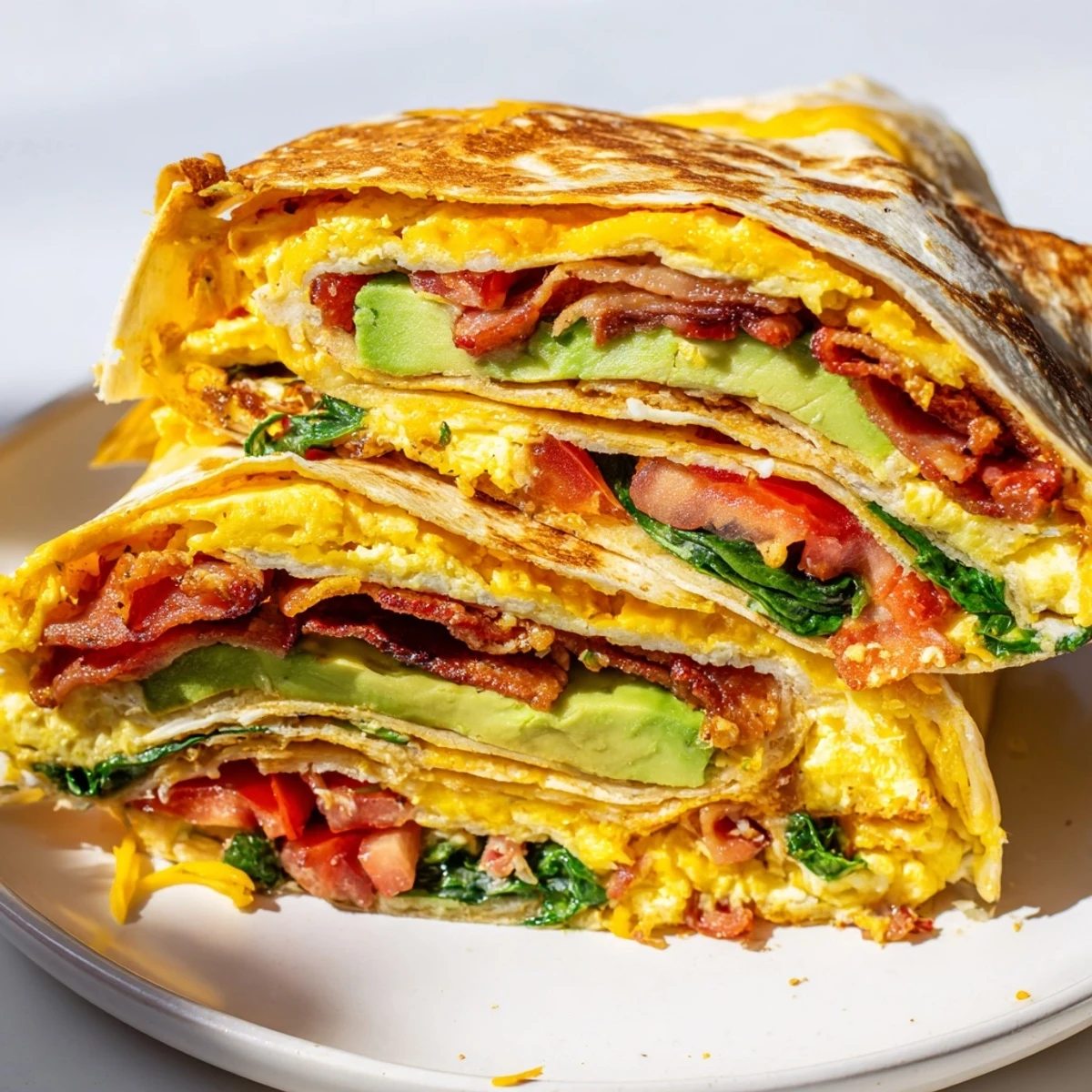 A satisfying, folded crispy breakfast wrap showcasing the fillings: eggs, bacon, and cheddar cheese.