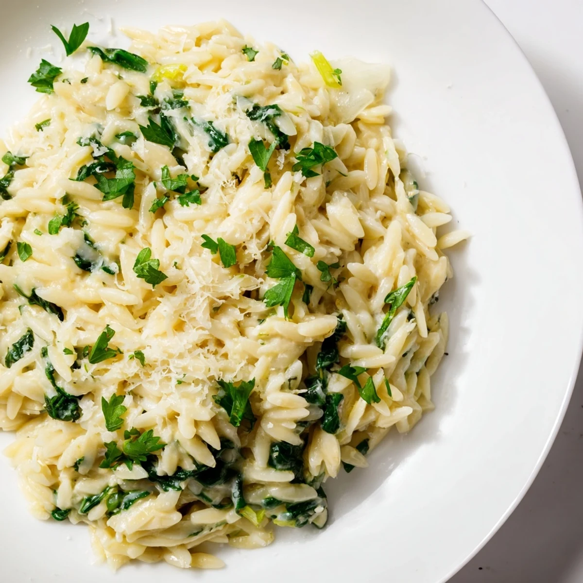 Close-up of a bubbling one-pot creamy orzo with spinach and melted Parmesan cheese.