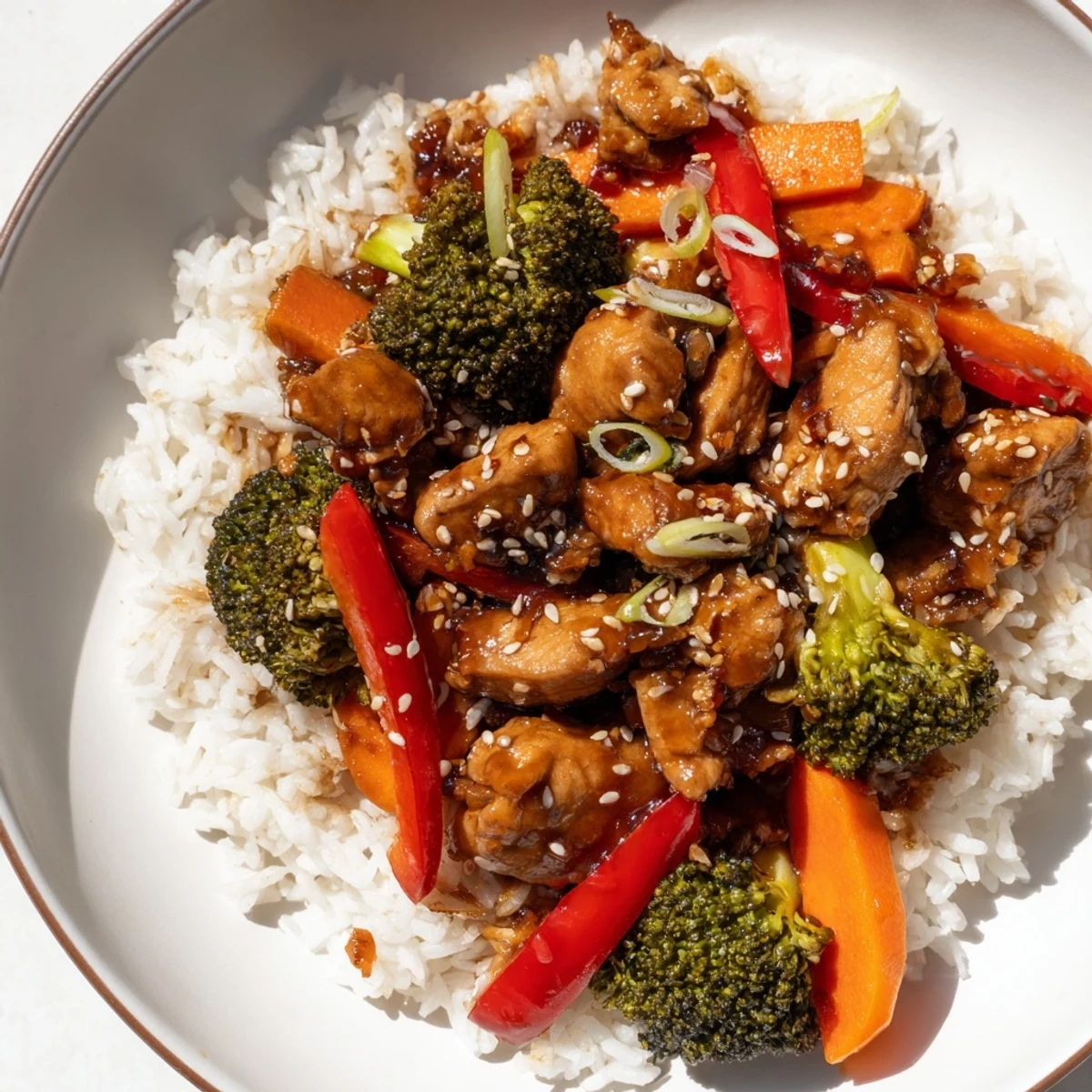 A vibrant plate of Teriyaki Chicken Rice with glistening glaze, vegetables, and fluffy rice.
