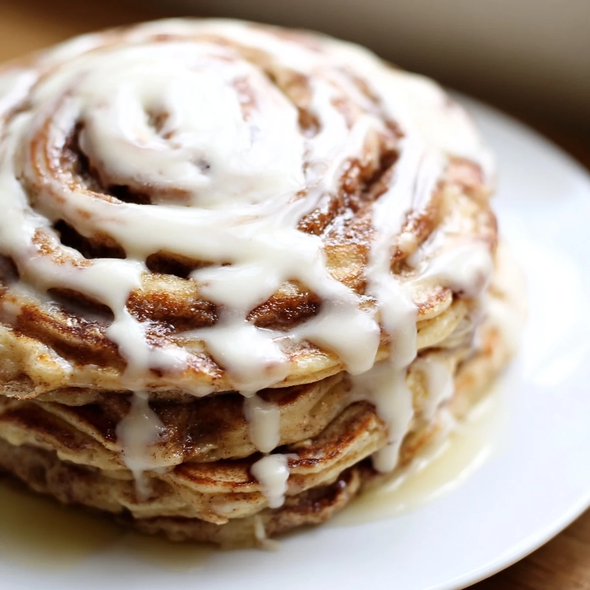 Fluffy American Cinnamon Roll Pancakes with a swirled cinnamon filling, ready to be devoured at brunch.