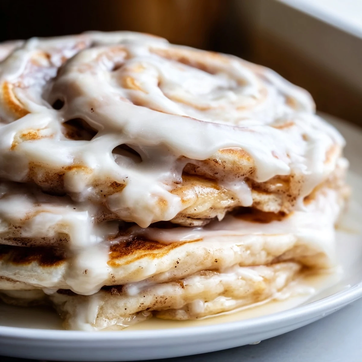 Golden-brown Cinnamon Roll Pancakes drizzled with a rich cream cheese glaze, a delicious breakfast.