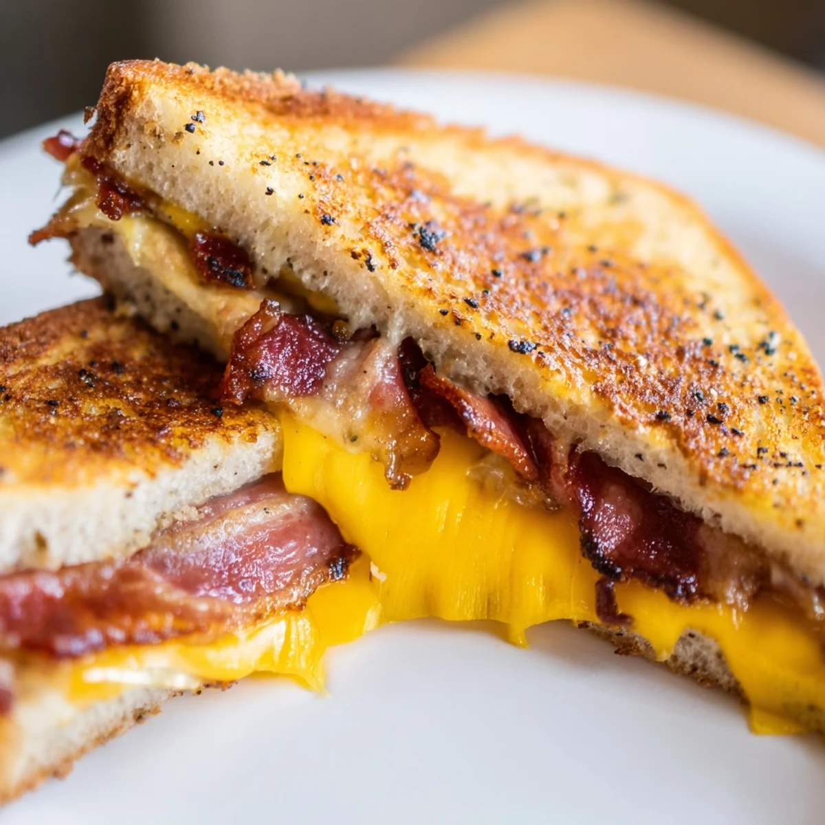 Golden-brown Crispy Bacon Cheddar Grilled Cheese, oozing melted cheese with smoky bacon peeking through.