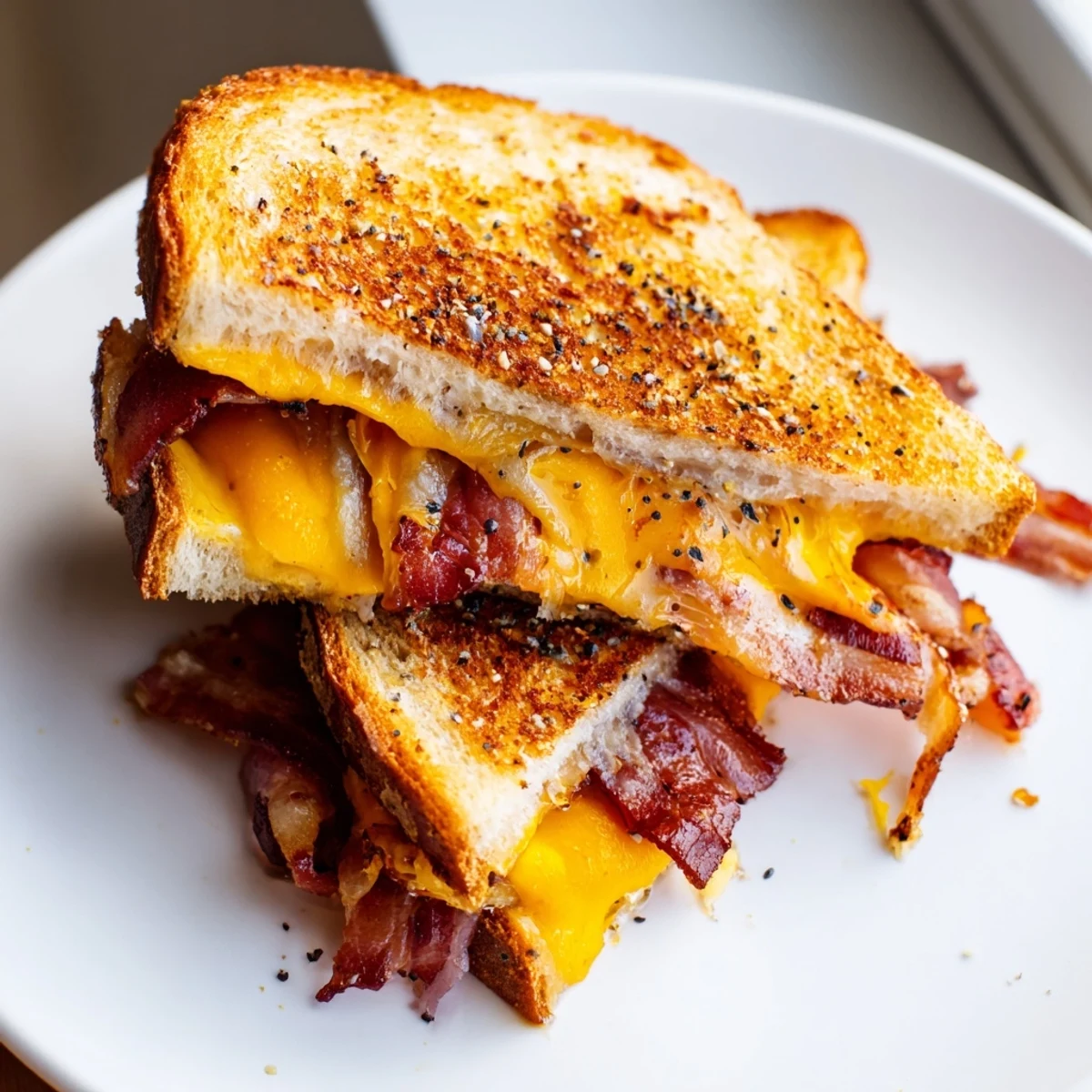 Delicious Crispy Bacon Cheddar Grilled Cheese, perfectly toasted sourdough, featuring crispy bacon and melted cheddar.