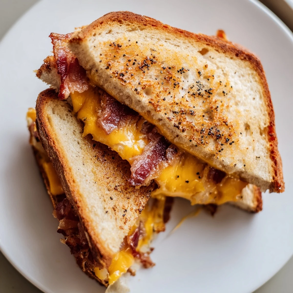 A close-up of a warm, comforting Crispy Bacon Cheddar Grilled Cheese sandwich, ready to enjoy with tomato soup.