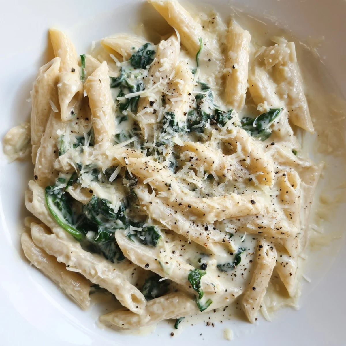 Creamy Spinach Pasta swimming in a rich, white sauce, sprinkled with fresh Parmesan for serving.
