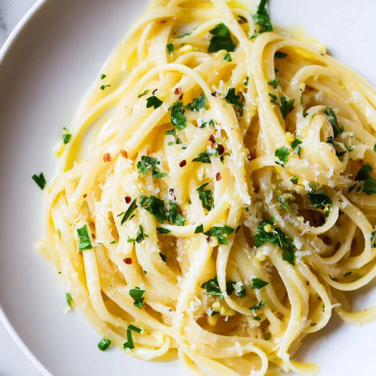 Steaming Garlic Butter Linguine, tossed with vibrant parsley and ready for a delicious Italian dinner.