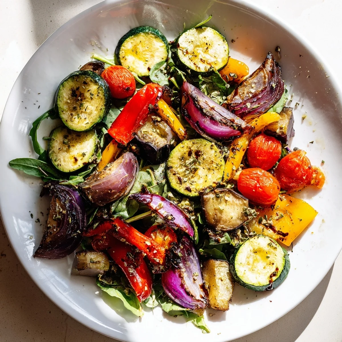 Vibrant roasted vegetable salad, tender and colorful, plated over fresh salad greens with balsamic dressing.