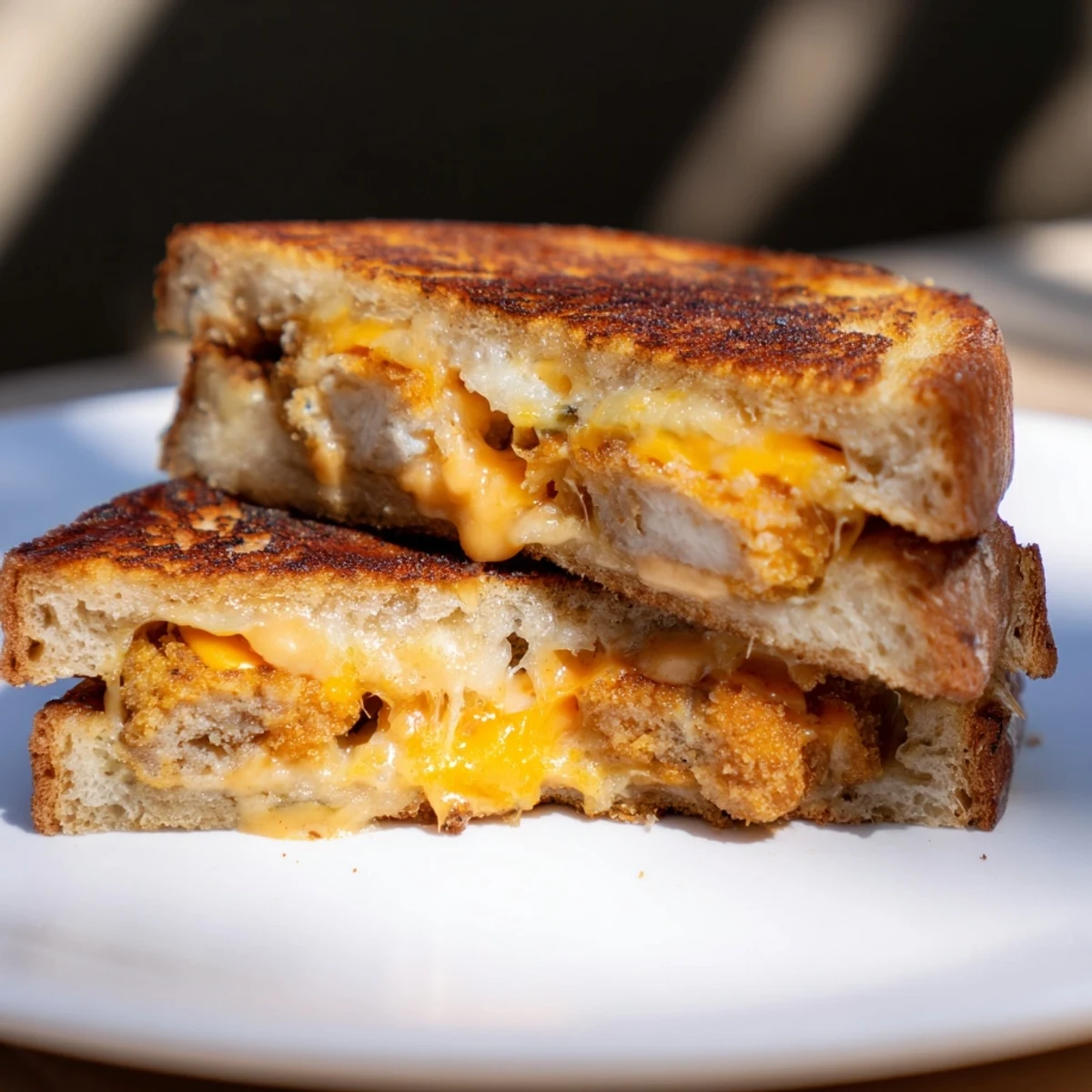 Cheesy, delicious Chicken Nugget Grilled Cheese with golden, toasted bread and melted cheese pull.