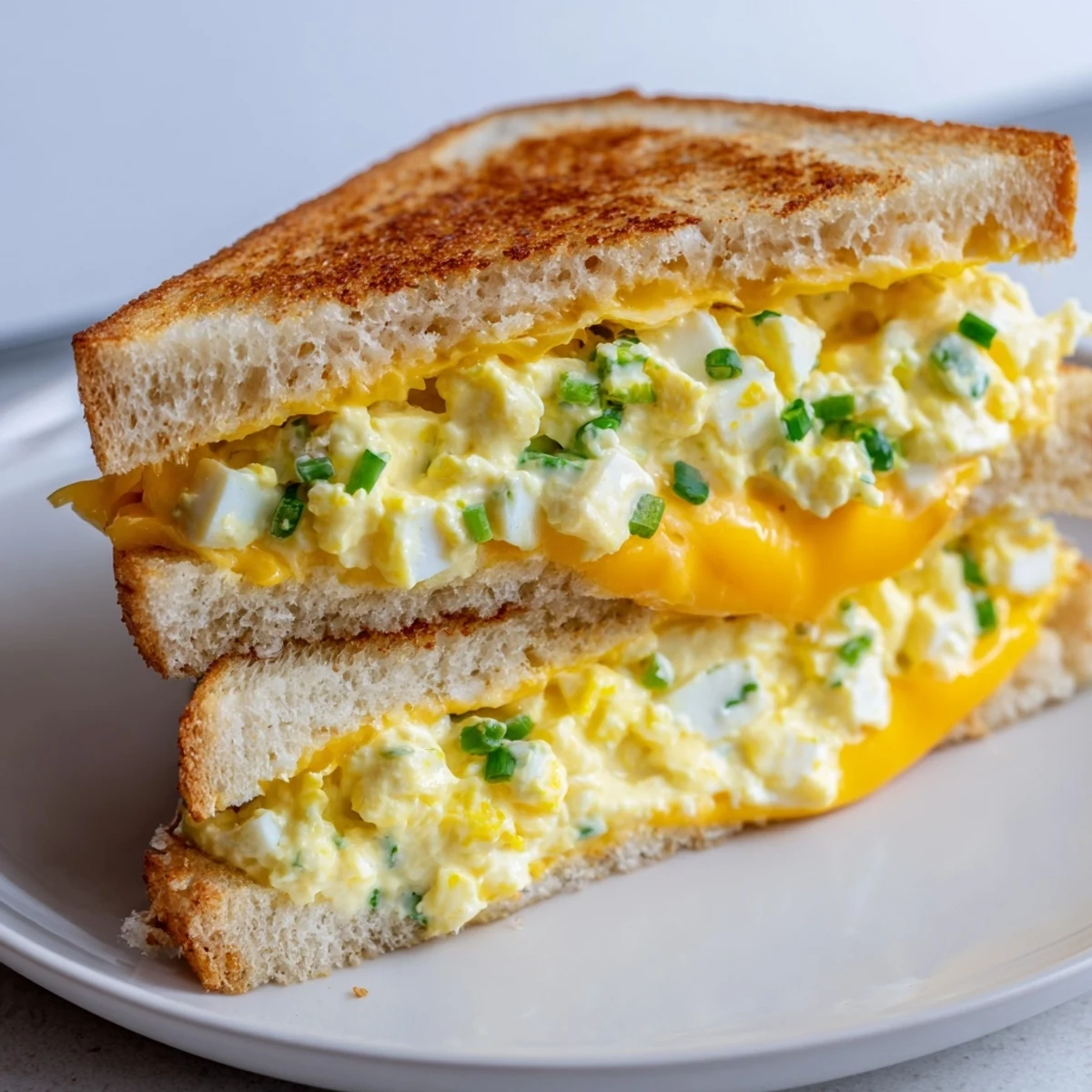 Golden-brown Egg Salad Grilled Cheese sandwich, a flavorful lunch with melted cheddar and creamy egg filling.