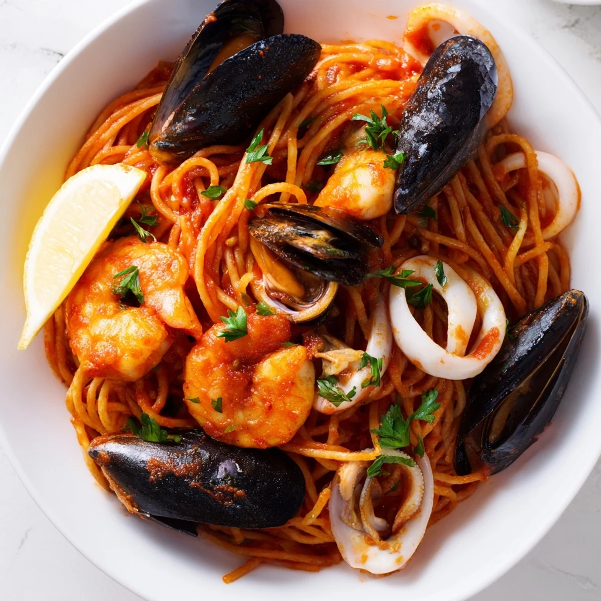 Steaming Seafood Marinara Pasta, a flavorful Italian dish brimming with fresh seafood and vibrant sauce.