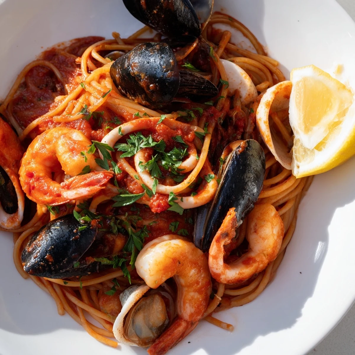 A bowl of hot Seafood Marinara Pasta, featuring tender shrimp, mussels, and squid in a rich tomato sauce.
