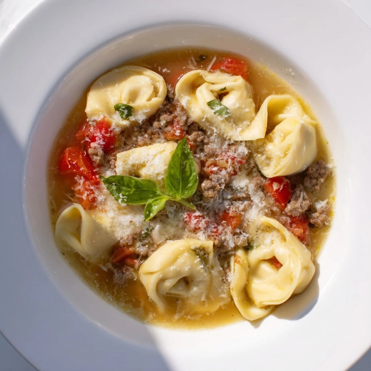 Steaming bowl of Tortellini Beef Soup, packed with tortellini, ground beef and herbs, ready to serve.