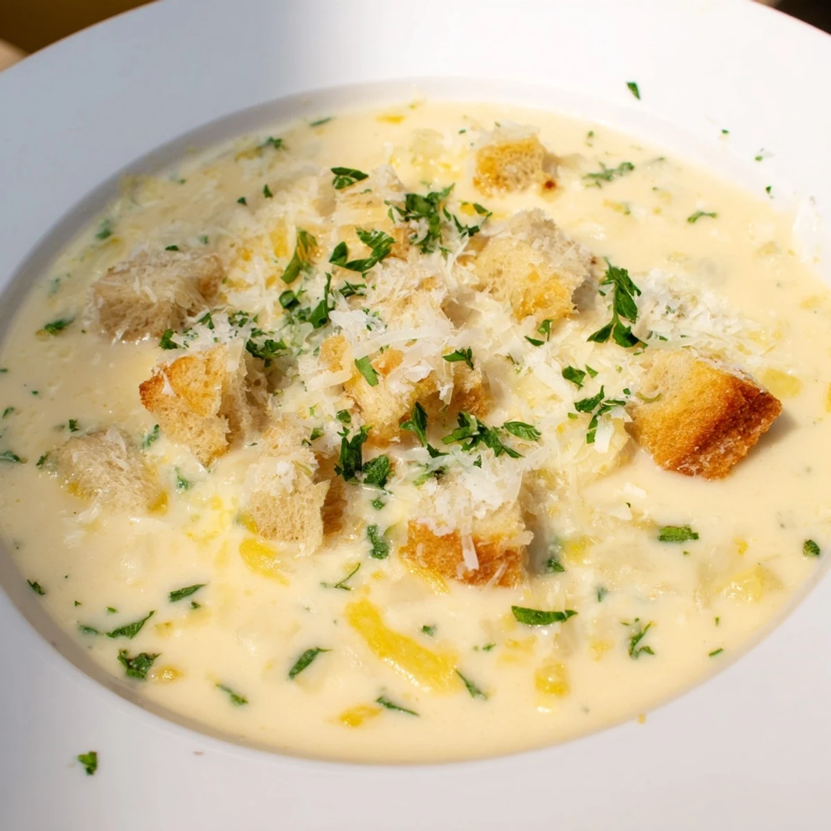 Creamy garlic bread soup: A luscious bowl of creamy, velvety soup, garnished with fresh parsley and cheese.