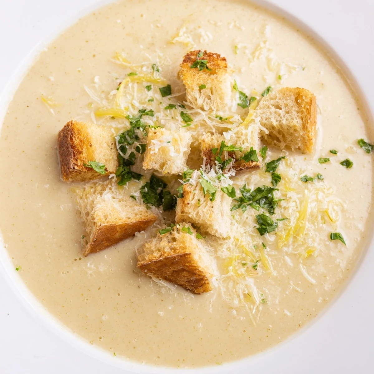 This creamy garlic bread soup steams invitingly in a white bowl, promising warmth and rich flavors.