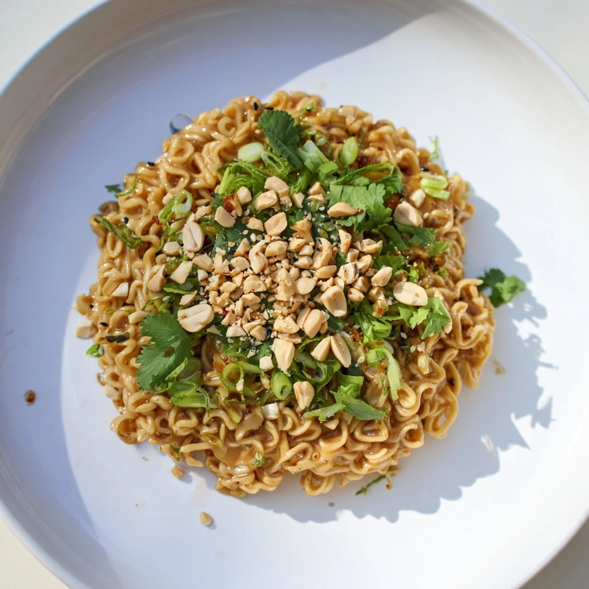 A close-up of finished Instant Peanut Thai Sauce Noodles, garnished with scallions and peanuts, delicious flavors.