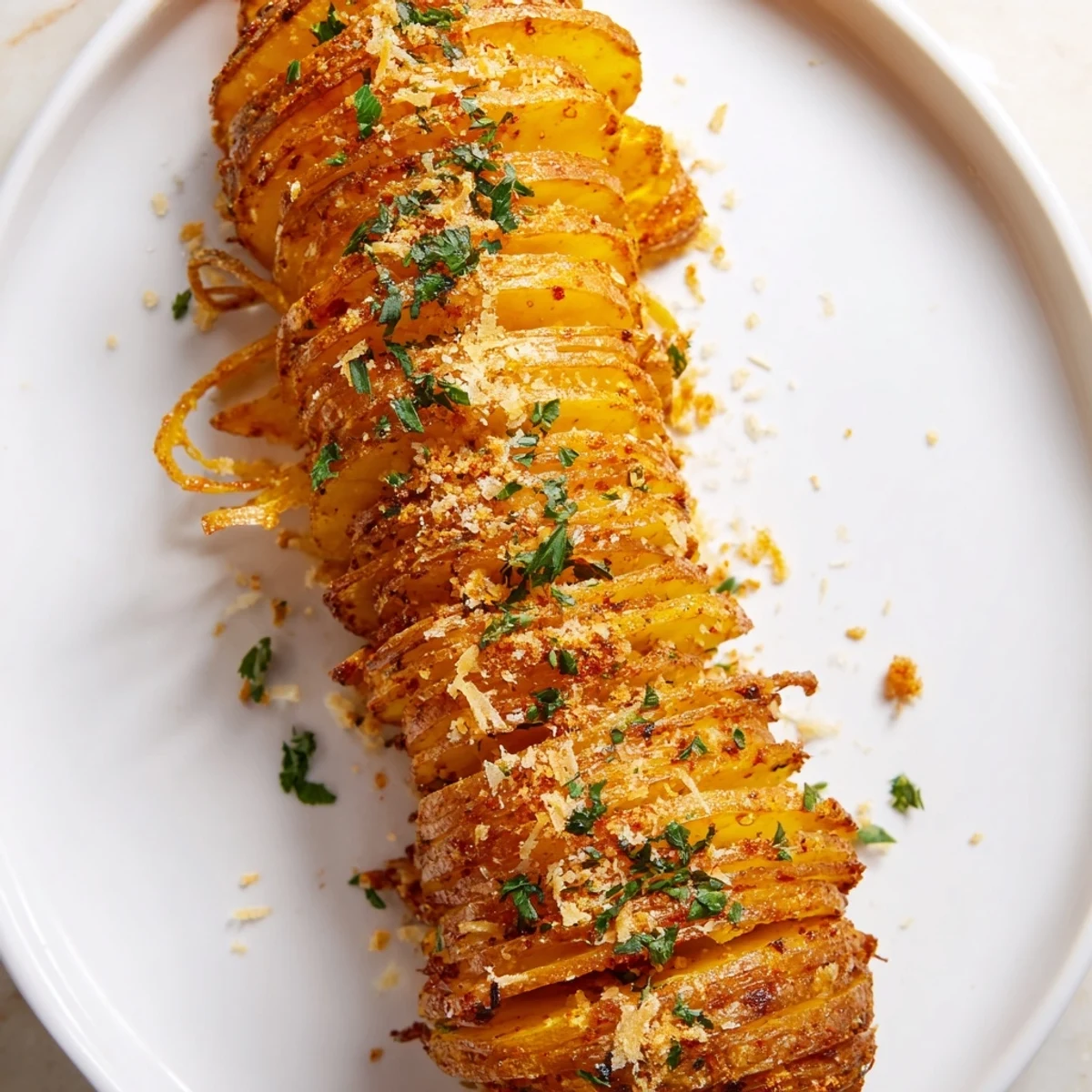 Freshly baked Tornado Potatoes, spiraled and boasting a delightful crunch, garnished with parsley and cheese.