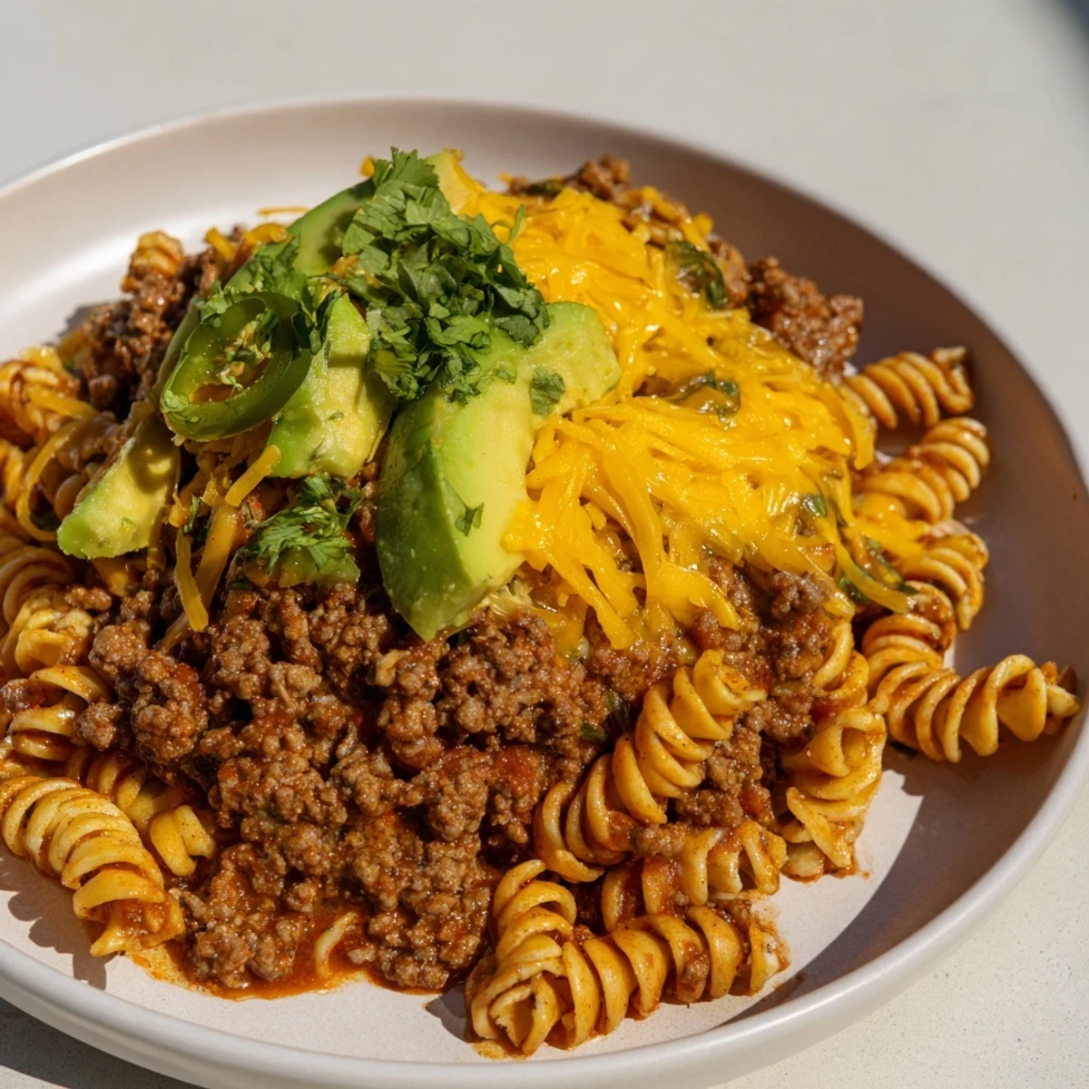 Steaming Beef Taco Pasta Skillet topped with melted cheese, perfect for a cozy weeknight meal.