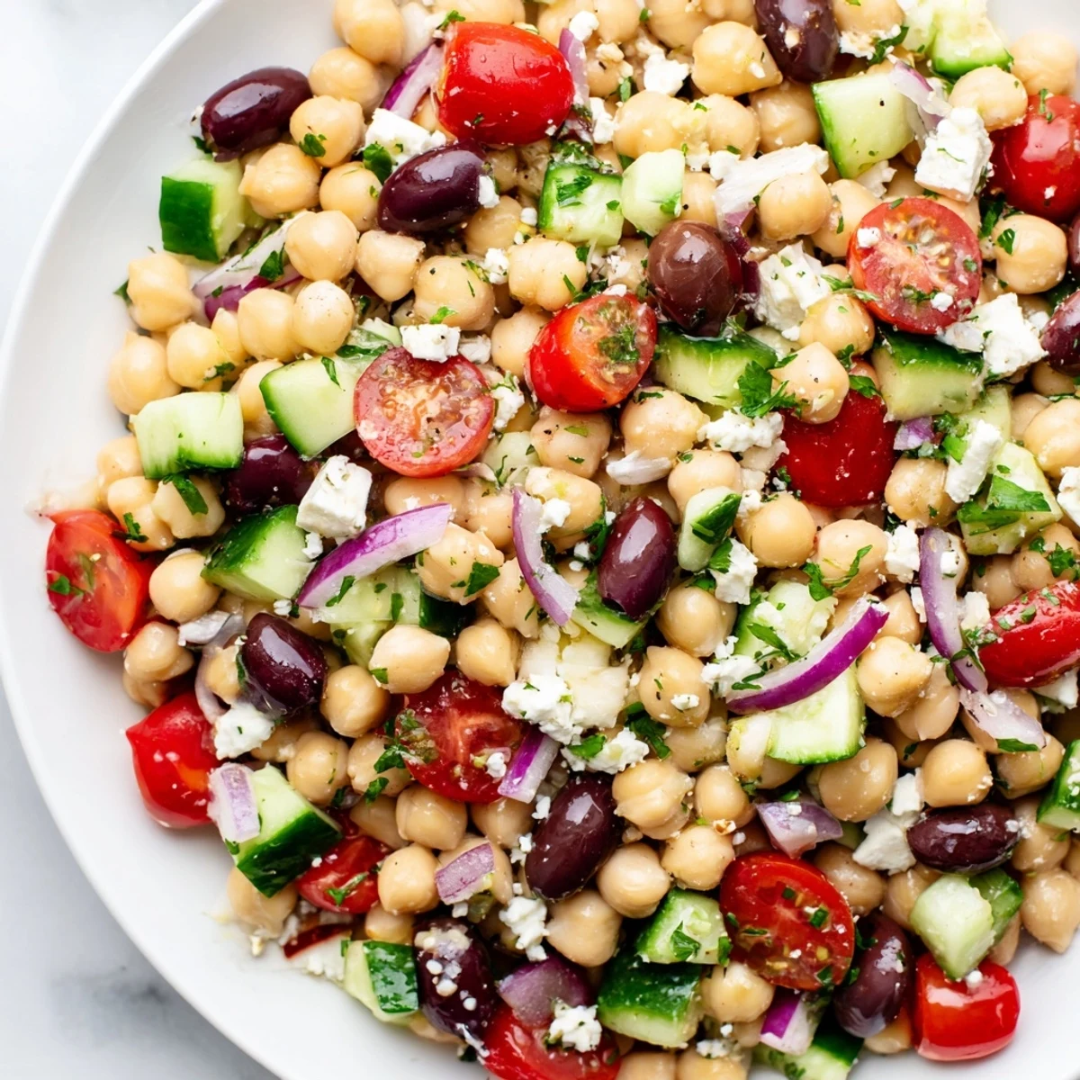 A refreshing bowl of Mediterranean Chickpea Salad with colorful vegetables, perfect for a light lunch.