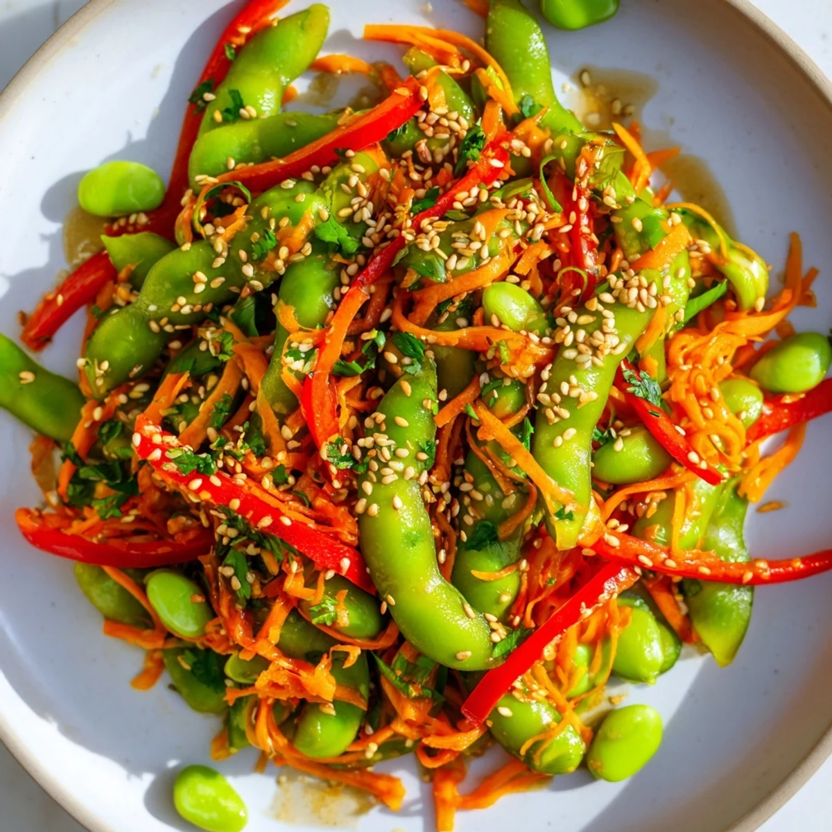 Bright green Asian edamame salad with sesame seeds; a refreshing and flavorful vegan dish.