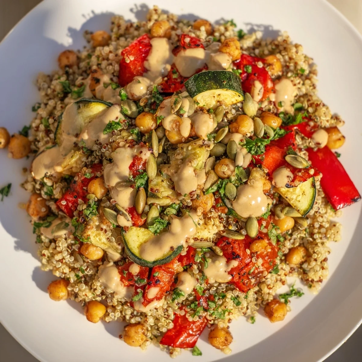 Golden-brown roasted vegetables top this Quinoa Power Protein Salad, ready to be tossed and enjoyed.