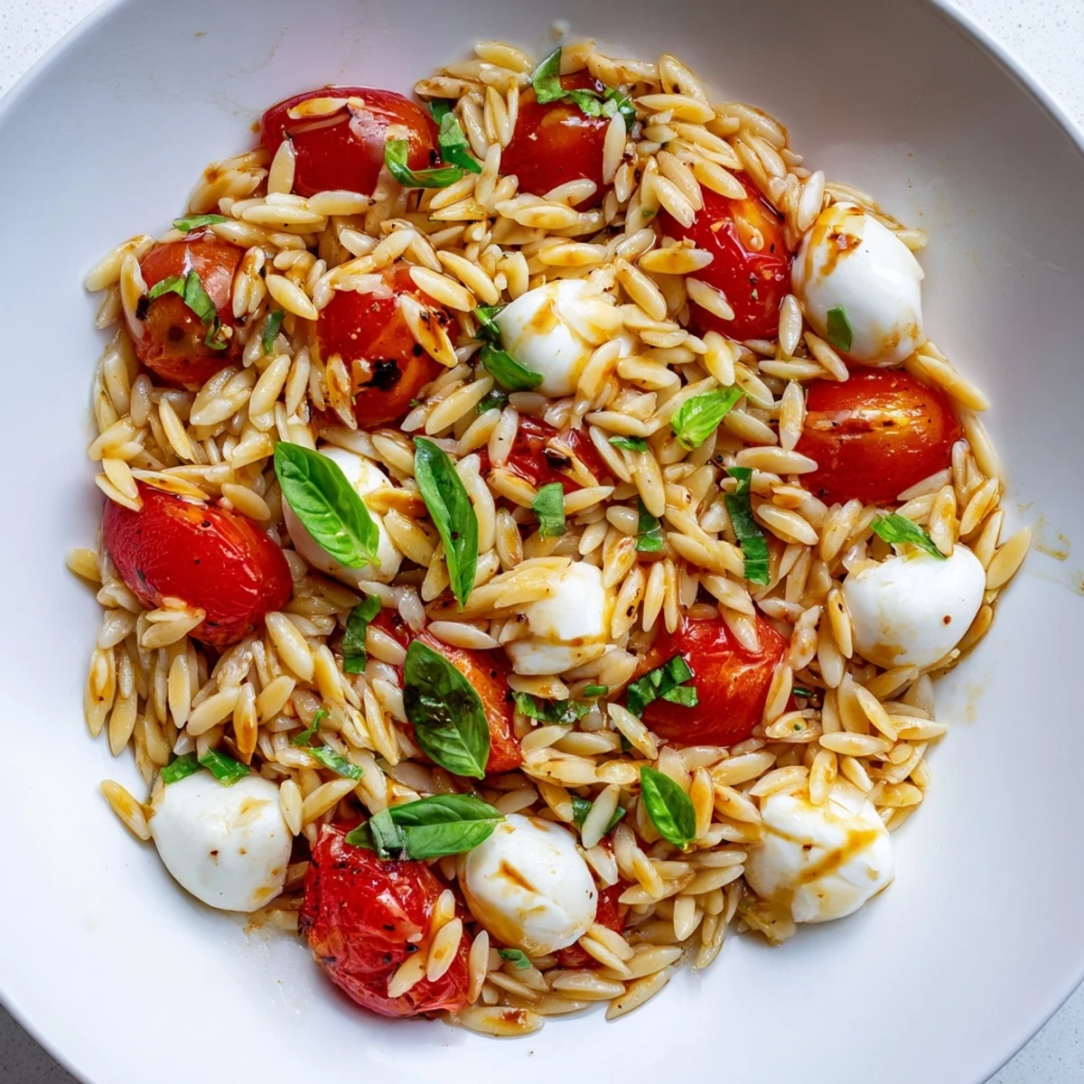 Vibrant Caprese Orzo Salad featuring ripe tomatoes and creamy mozzarella, drizzled with tangy balsamic.