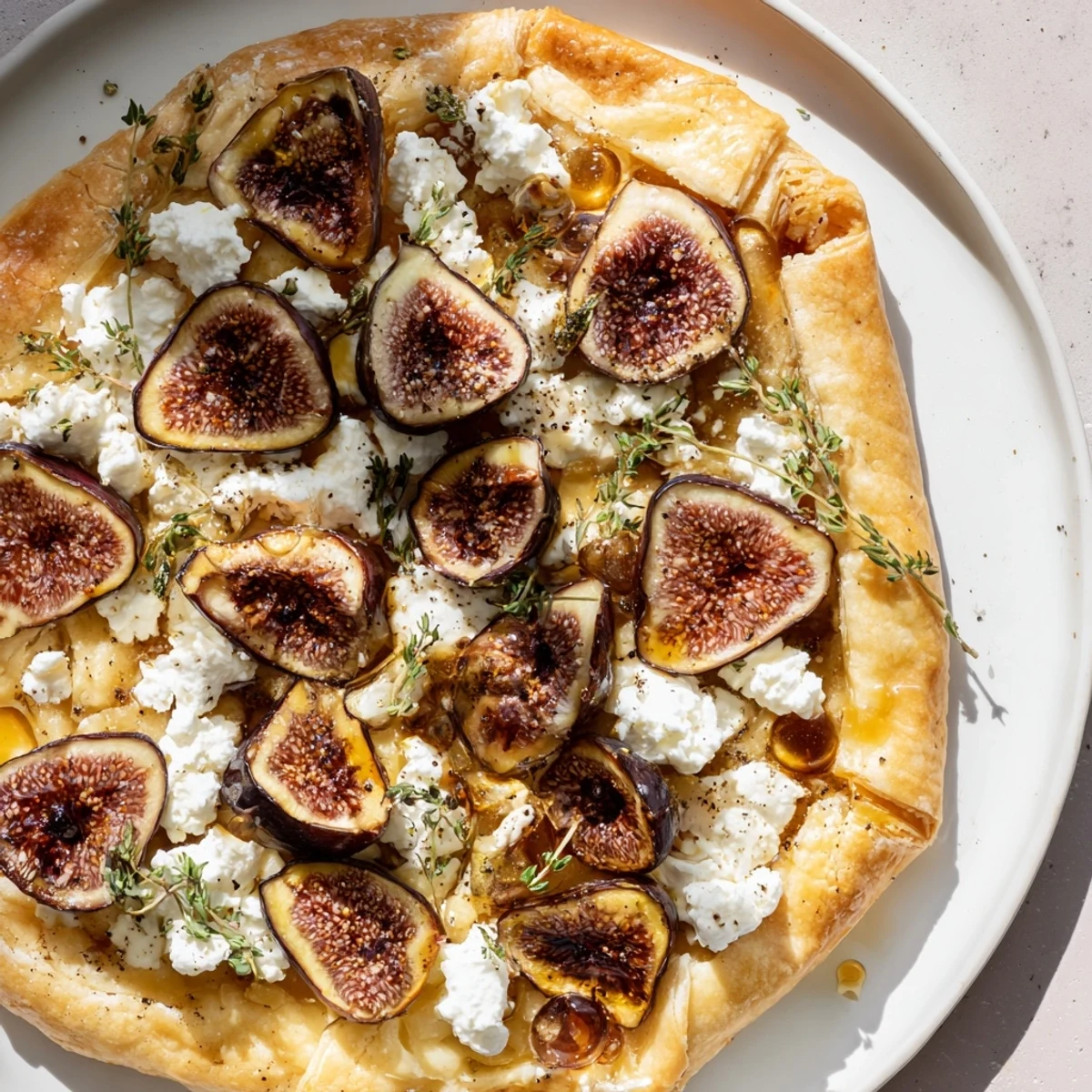 Golden, crispy Puff Pastry Truffle Pizza with figs, goat cheese, and a drizzle of honey, ready to enjoy.