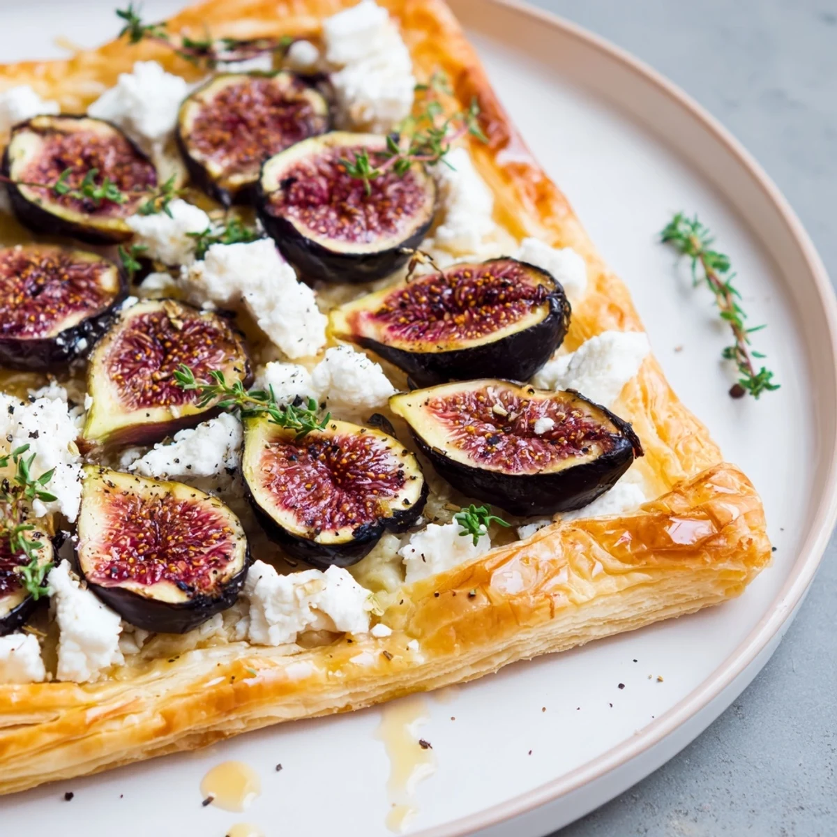Aromatic Puff Pastry Truffle Pizza, showcasing golden crust, sweet figs, crumbled cheese, and drizzle of truffle oil.