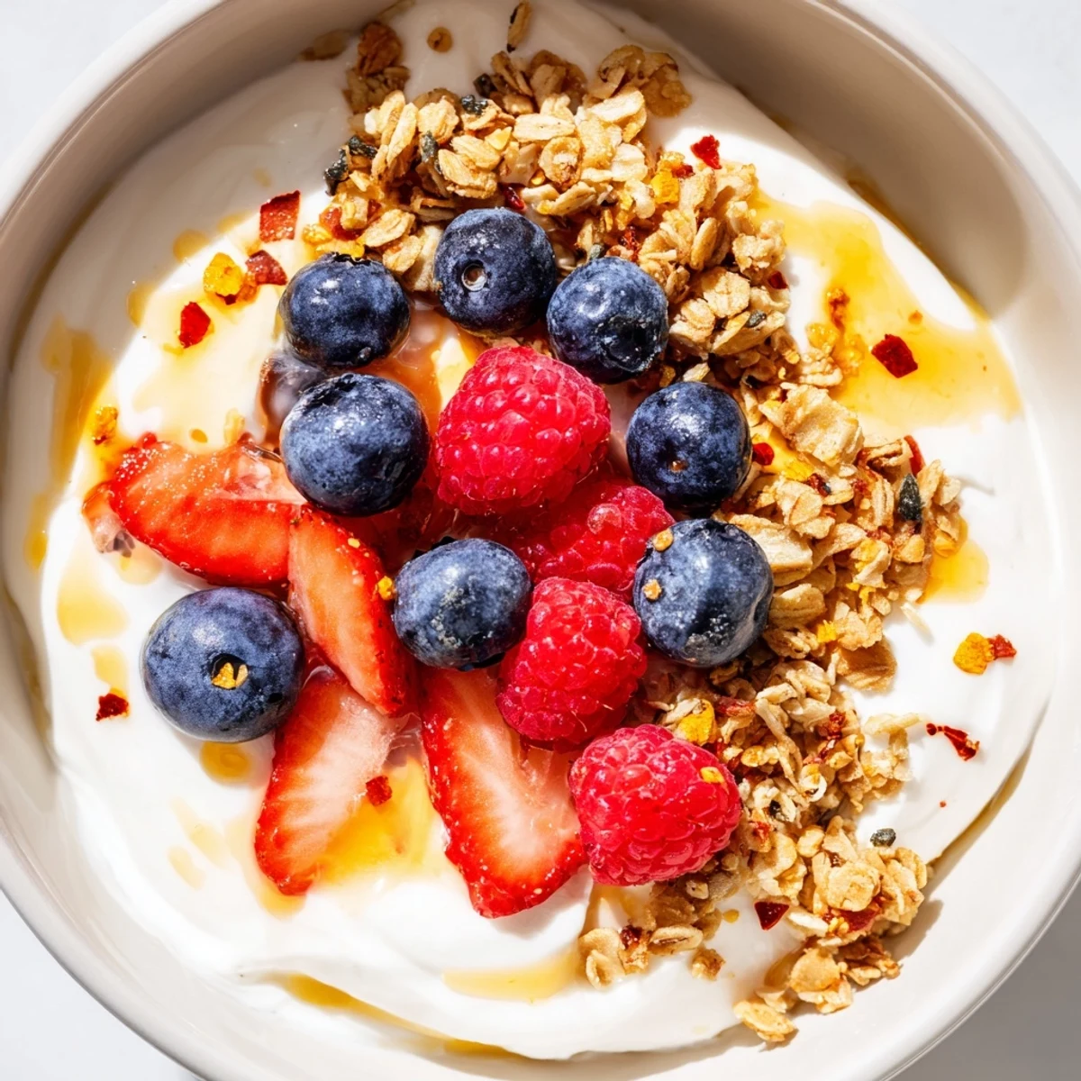 Cottage Cheese Hot Honey Bowl: a delightful view of creamy cottage cheese with berries and hot honey drizzled.