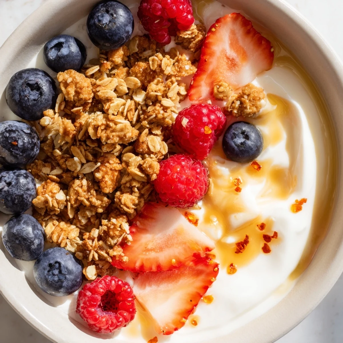 Imagine a Cottage Cheese Hot Honey Bowl: glistening berries atop cottage cheese with a honey drizzle and crunch.
