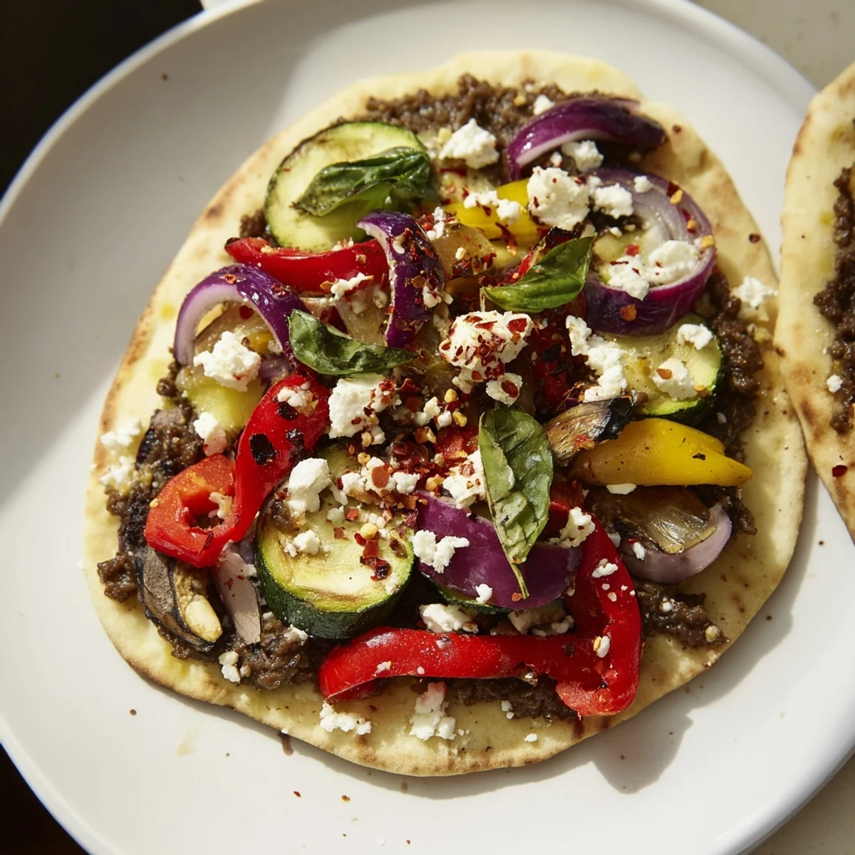 Golden-brown naan bread pizza topped generously with roasted vegetables and crumbled feta cheese.