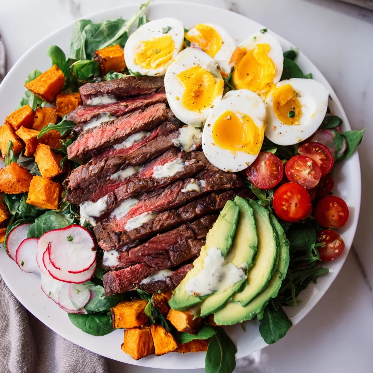 This High-Protein Beef Avocado Bowl features beautifully seared beef, drizzled with a tangy dressing and jammy eggs.