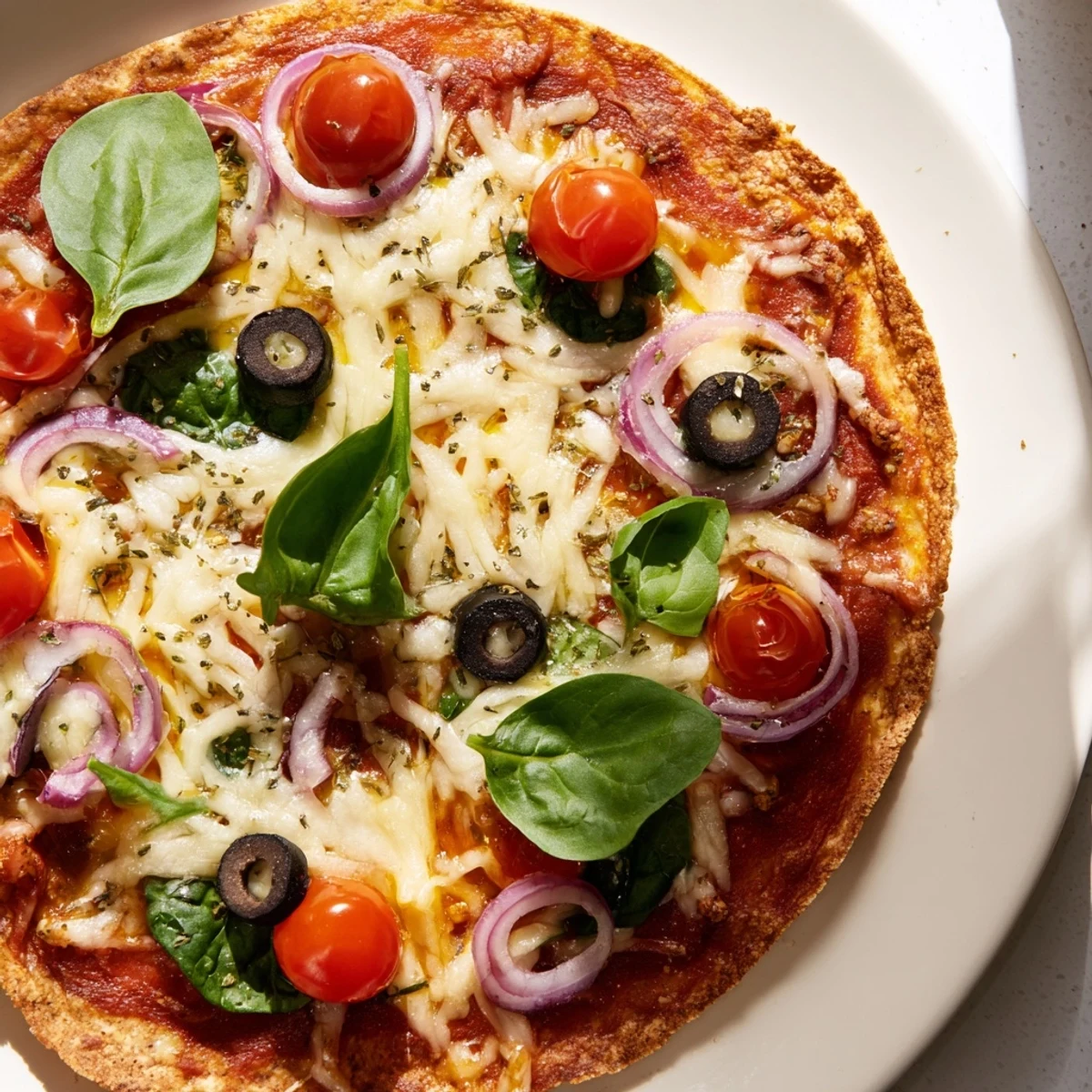Golden, bubbly Crispy Tortilla Pizza with melted cheese and fresh basil, ready to serve.