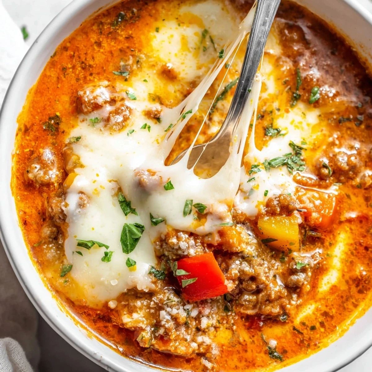 Steaming bowl of Pizza Soup garnished with fresh basil and melted mozzarella, ready to serve.  