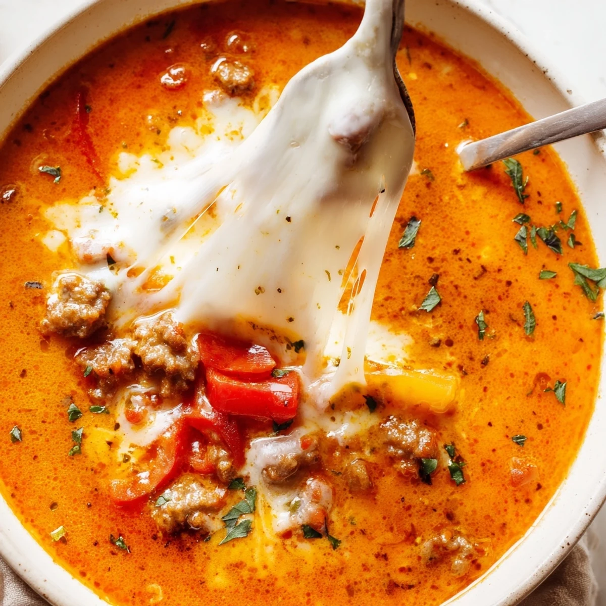 Hearty Pizza Soup with Italian sausage, peppers, and gooey cheese in a rich tomato broth.  