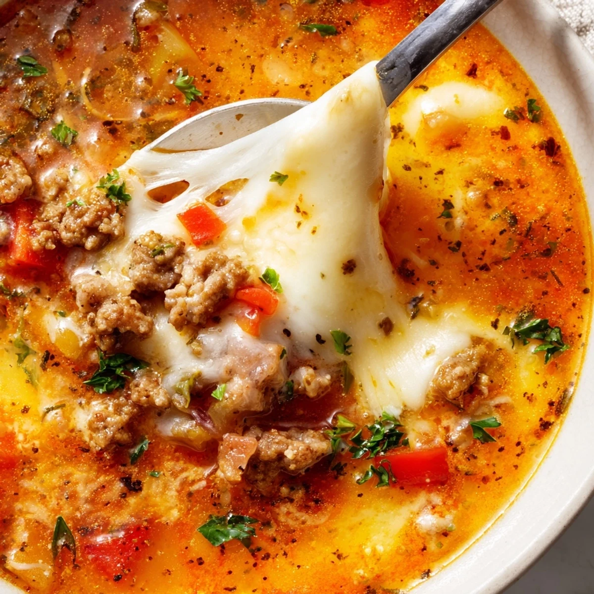 Close-up of vibrant Pizza Soup topped with shredded mozzarella and parsley for a cozy meal.
