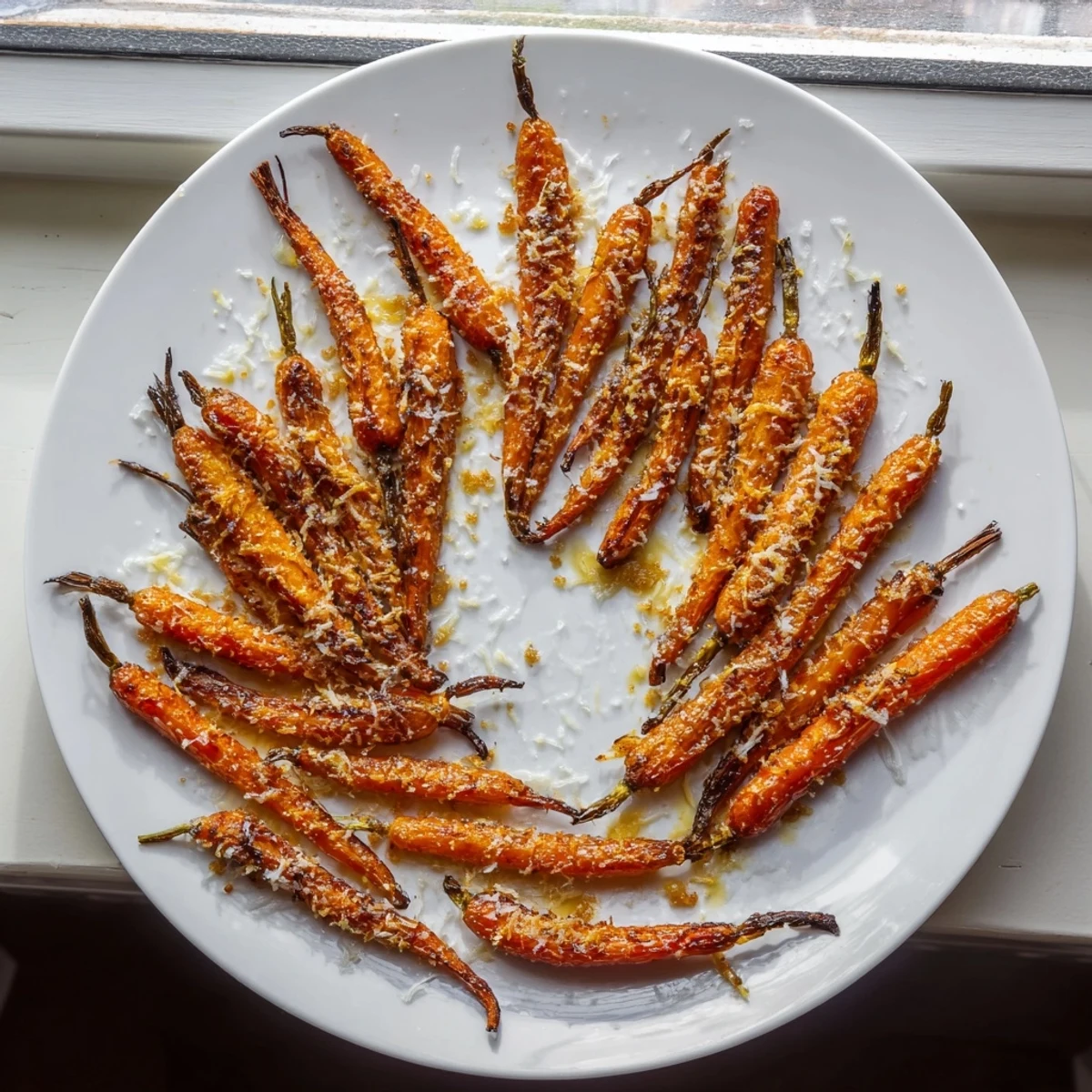 Roasted Parmesan baby carrot chips tossed in honey, slightly crisp from the oven, perfect as a snack.