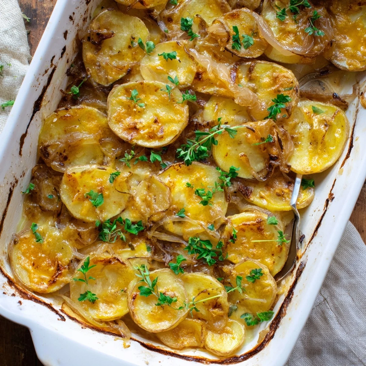 Golden roasted potato slices layered with caramelized onions and melted Gruyère, inspired by French Onion Soup Potatoes.