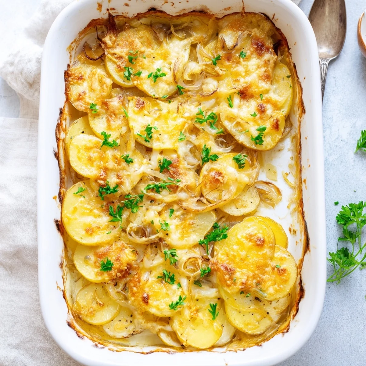 A vegetarian side dish of French Onion Soup Potatoes with tender potato layers, savory onions, and a Gruyère crust.