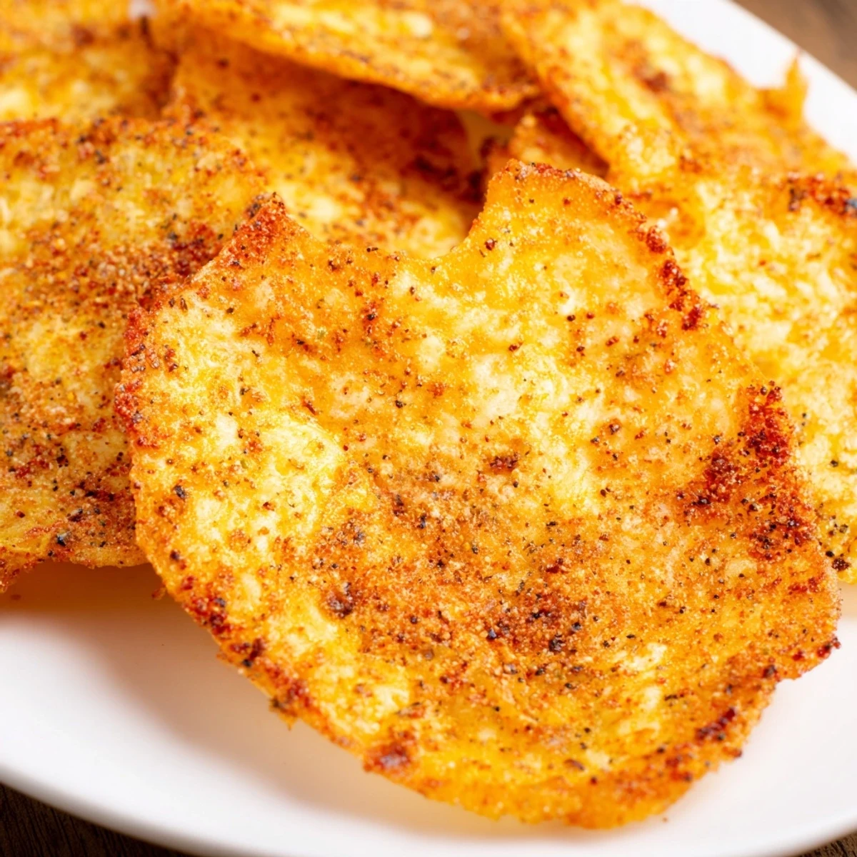 Golden brown Cottage Cheese Chips, baked until crispy on parchment paper with a sprinkle of smoked paprika and salt.  