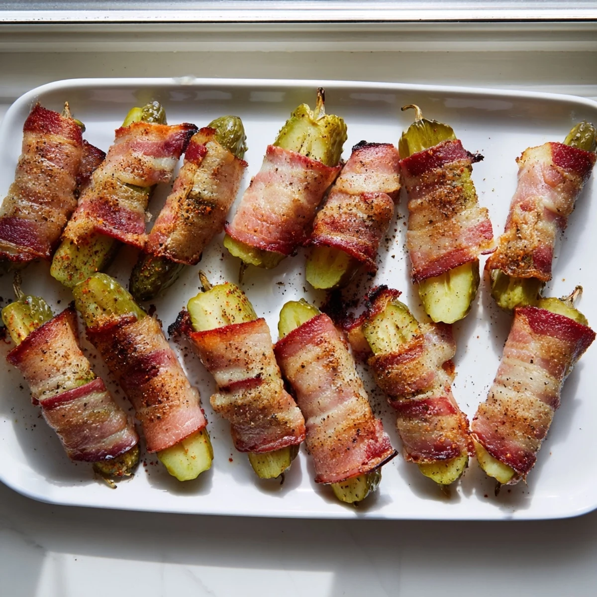 Crispy golden bacon-wrapped pickles arranged on a baking sheet, glistening with smoky edges and perfect for game day.  