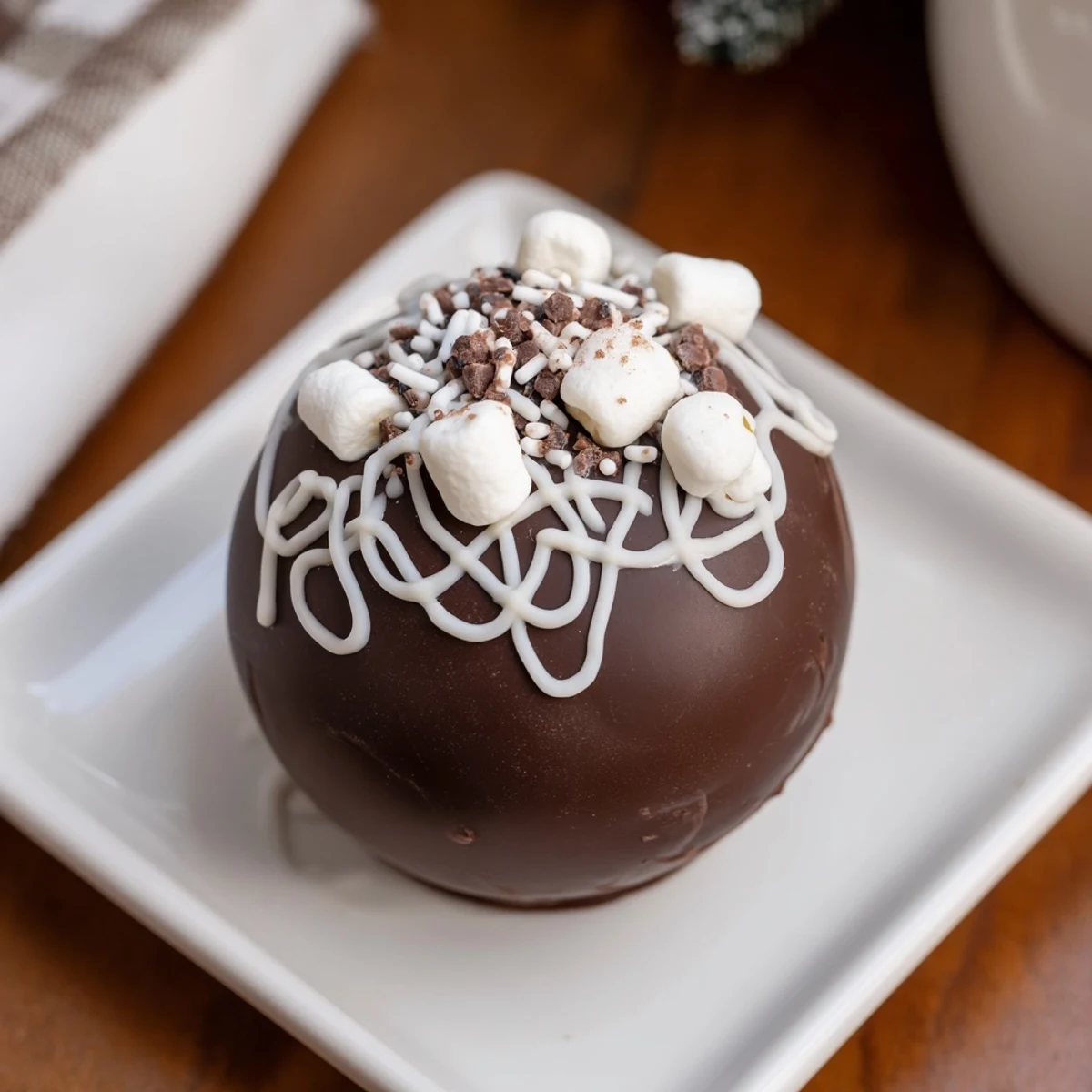 Decadent Hot Chocolate Bombs sit on a marble countertop, their glossy dark chocolate shells reflecting warm kitchen light, promising a rich and fluffy drink.