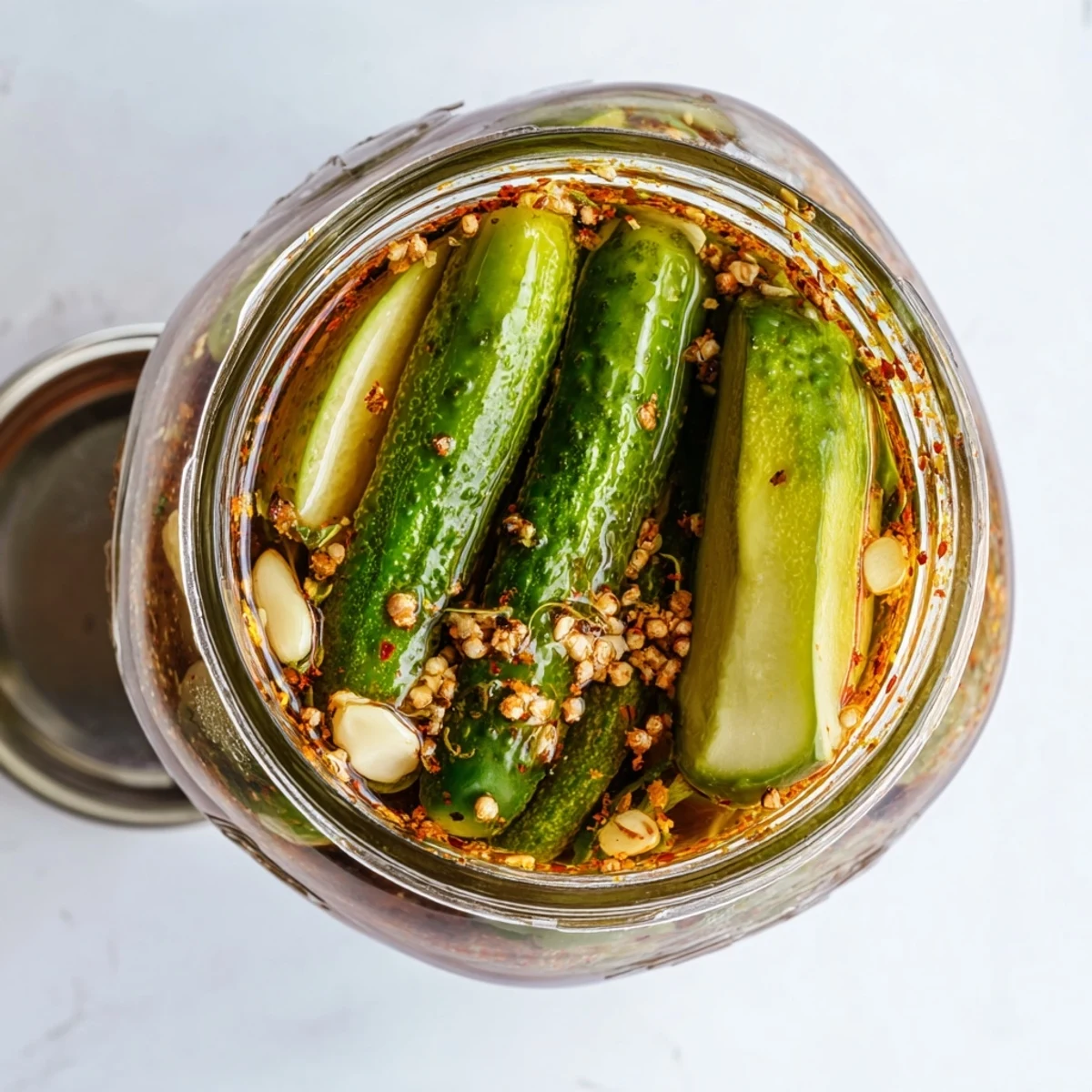 Bright green dill pickle spears soaked in a bold taco seasoning brine, garnished with sliced jalapeño and fresh garlic.