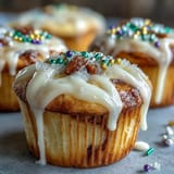 Mini King Cake Cupcakes with Colored Sugar on top, drizzled with vanilla glaze and festive Mardi Gras sprinkles.