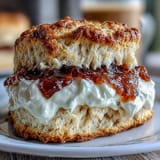 Golden-baked scones served with a generous dollop of clotted cream and sweet jam, perfect for an elegant afternoon treat.